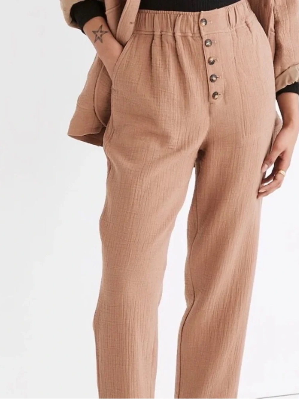 Madewell Cotton-Linen Tapered Button-Front Pull-On Pants Size Small Clay